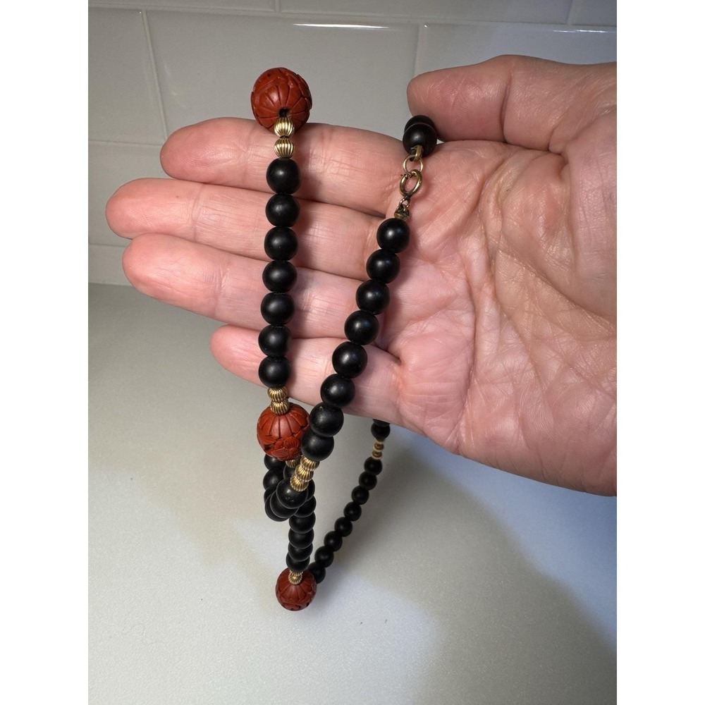 VTG Matte Onyx & Carved Red Cinnabar Necklace 27" Gold Filled Beads Bail/Clasp - Picture 8 of 10